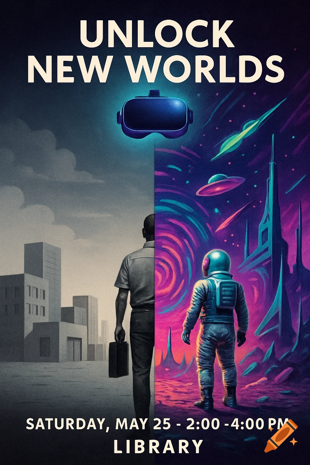 Poster shows a man in a suit in a city split with an astronaut in a surreal space scene. Text: Unlock New Worlds, event details, Library.