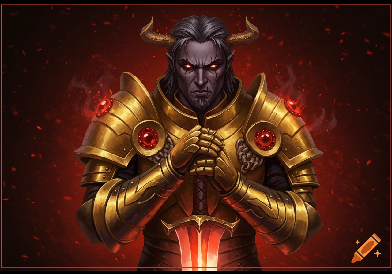 A brooding fantasy character in gold armor with horns and red eyes holds a glowing sword.