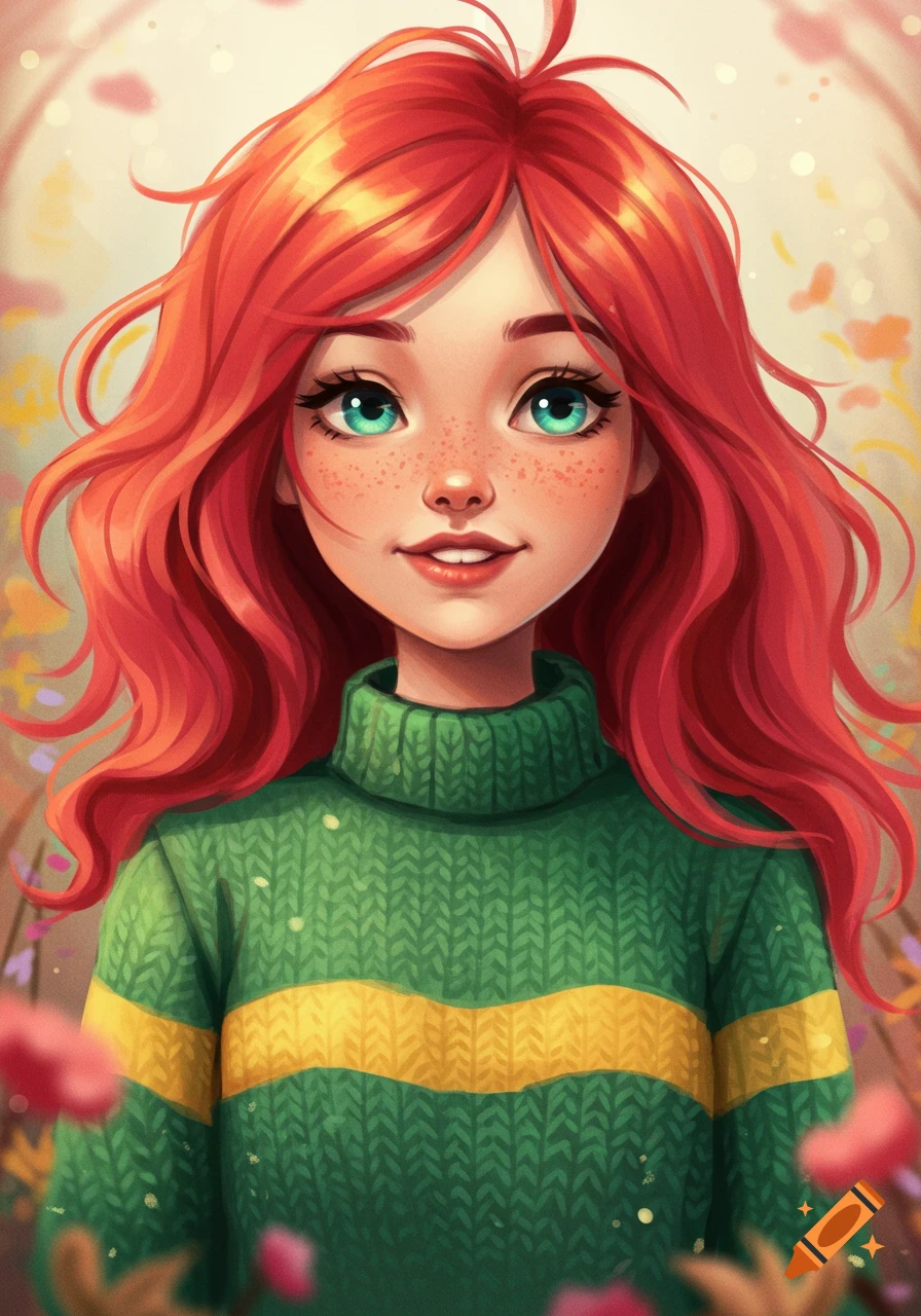 Illustration of a girl with red hair, freckles, and green eyes wearing a green sweater with a yellow stripe.