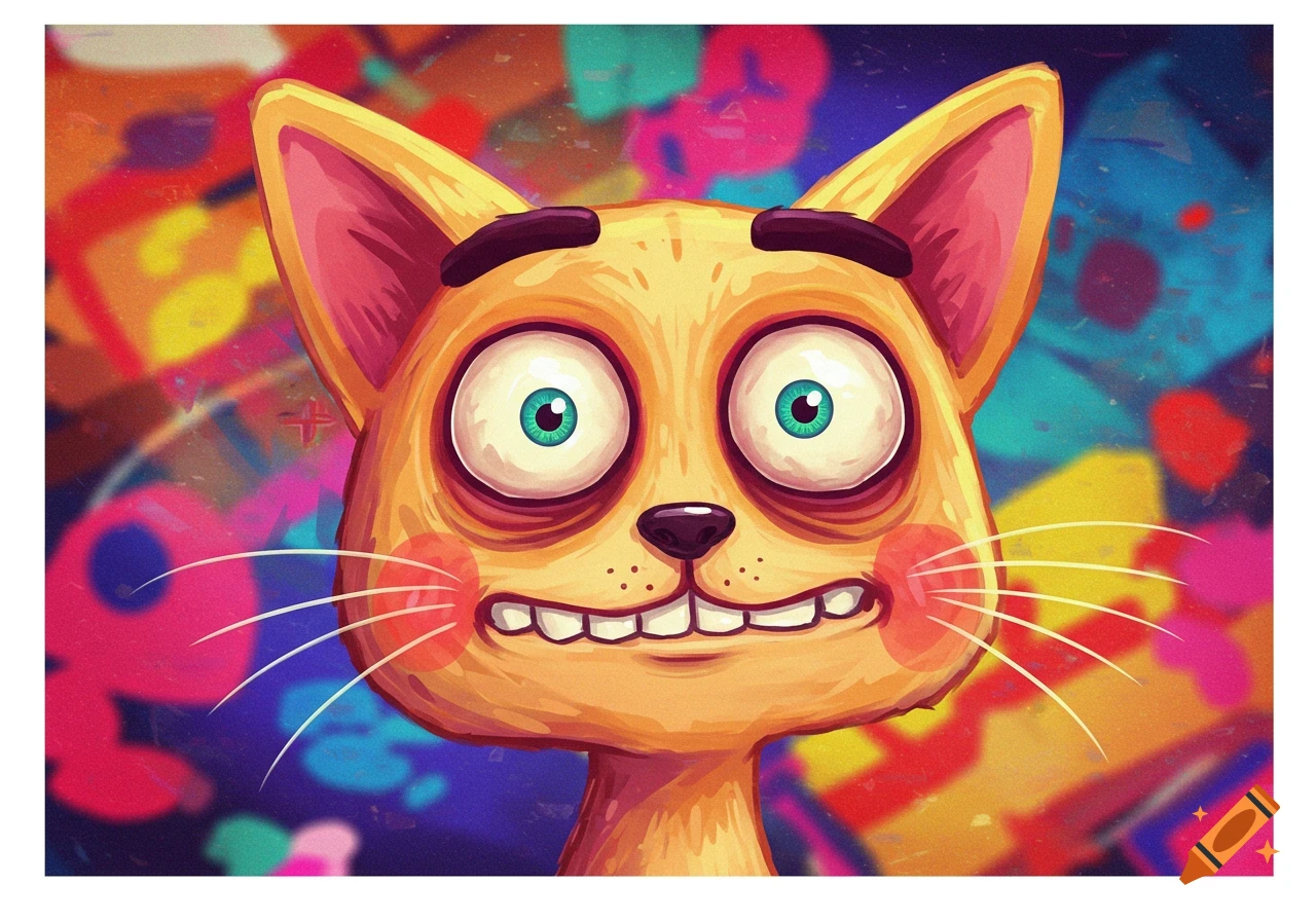 A cartoon cat with wide eyes and a goofy expression against a colorful, abstract background.