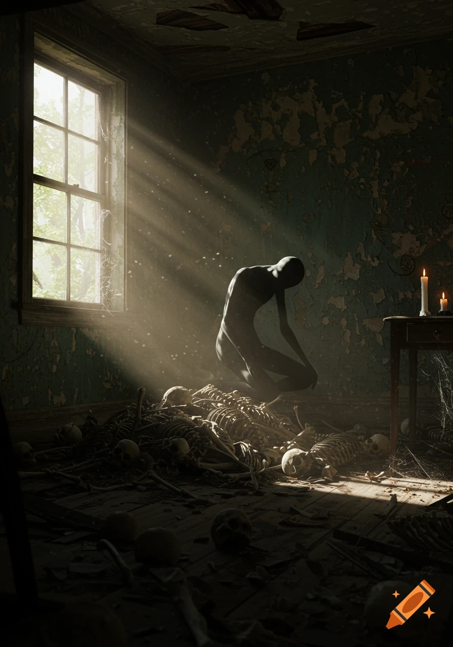 A dark figure kneels on a pile of skeletons in a dusty, sunlit room, digital art.