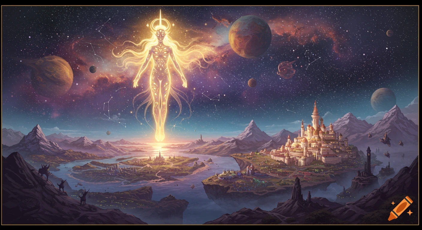 A glowing cosmic being hovers above a detailed fantasy city and landscape under a starry sky with planets.