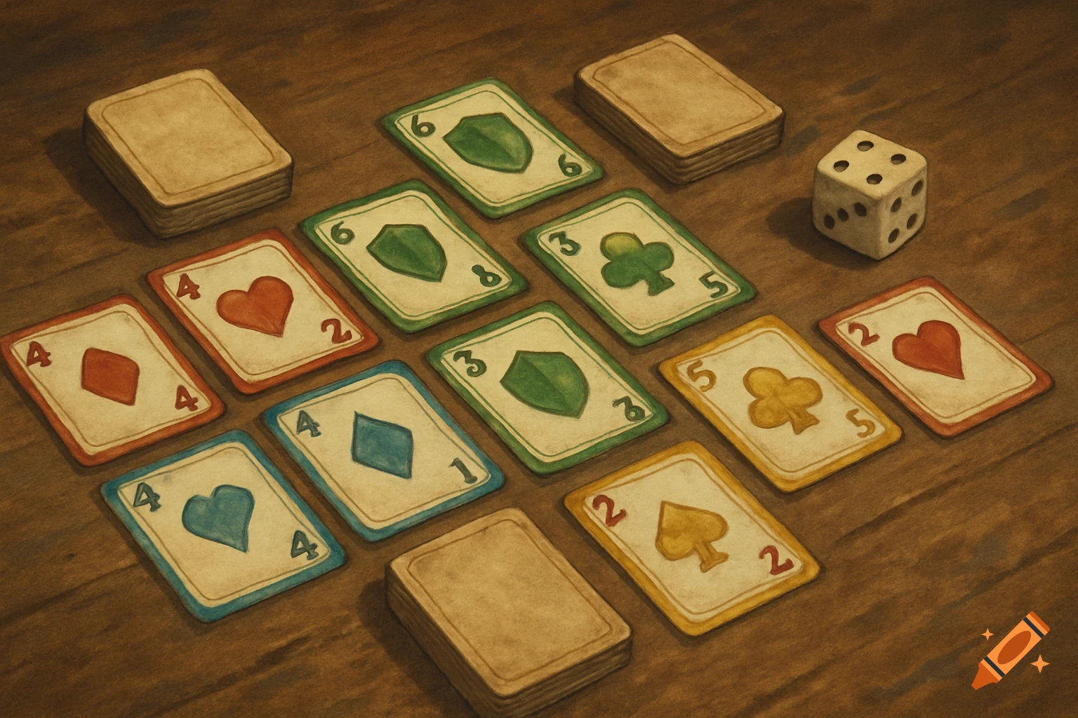 Playing cards and a die are arranged on a wooden table, depicted in a warm, painterly style.