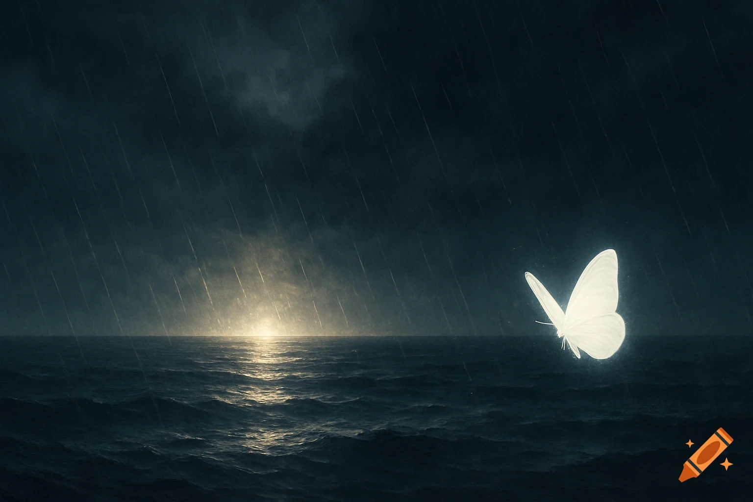 A glowing white butterfly flies over a dark ocean during a rainy storm with a bright sunbeam on the horizon.