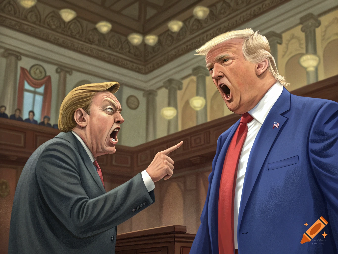 Two men resembling Trump and another yell heatedly in a courtroom illustration.