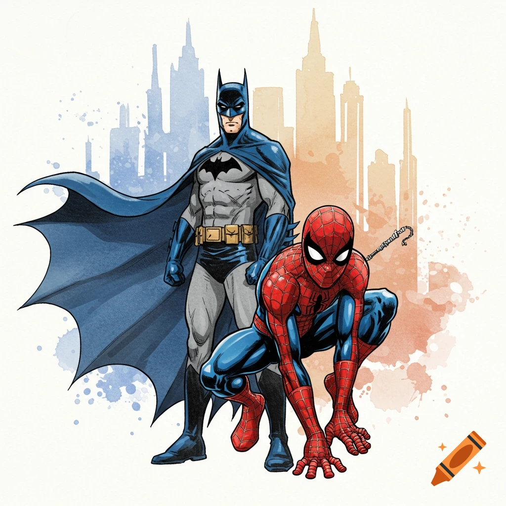 Batman and Spider-Man standing in a watercolor style with city silhouettes