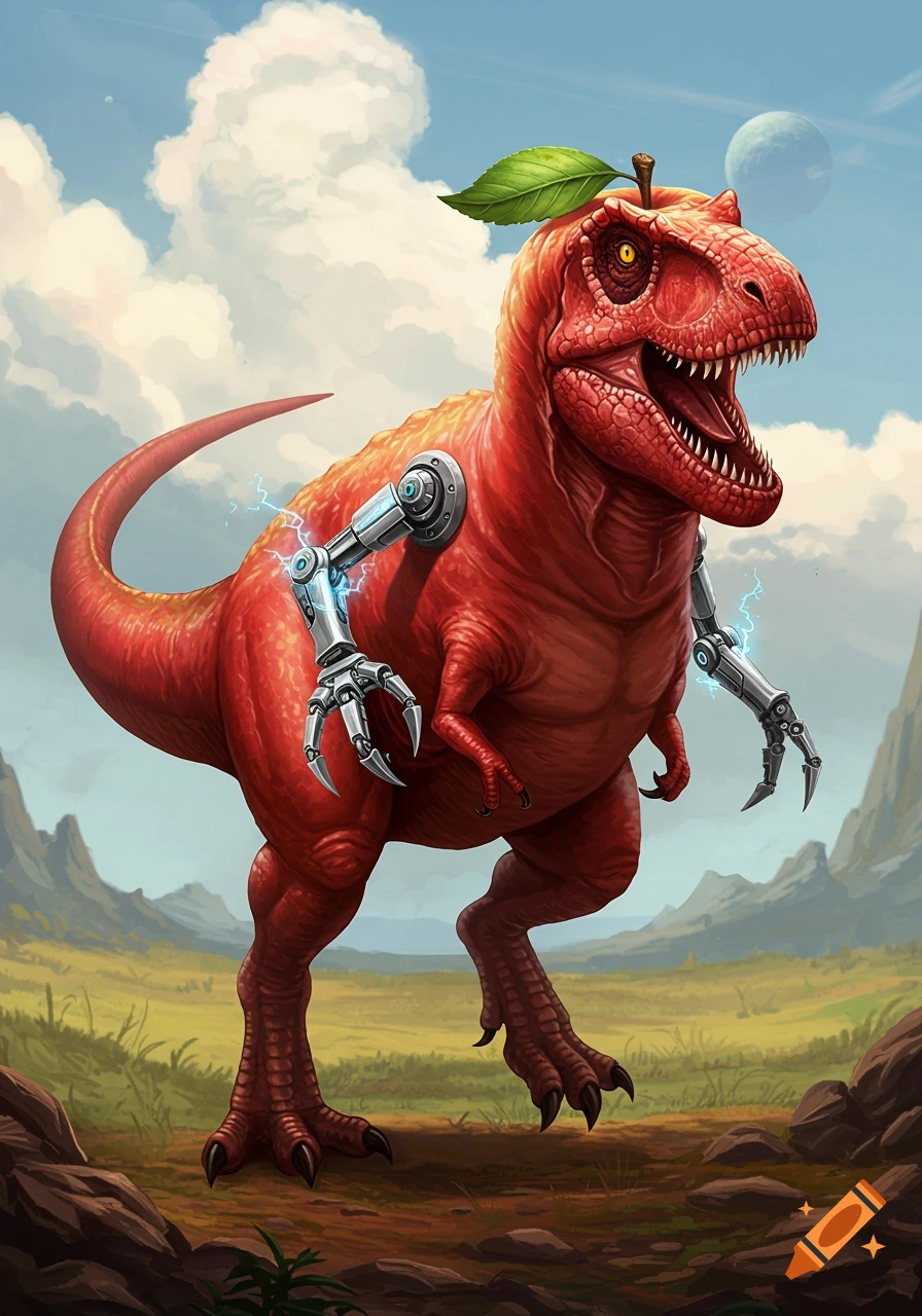 A red T-Rex with an apple on its head and robotic arms stands in a prehistoric landscape.