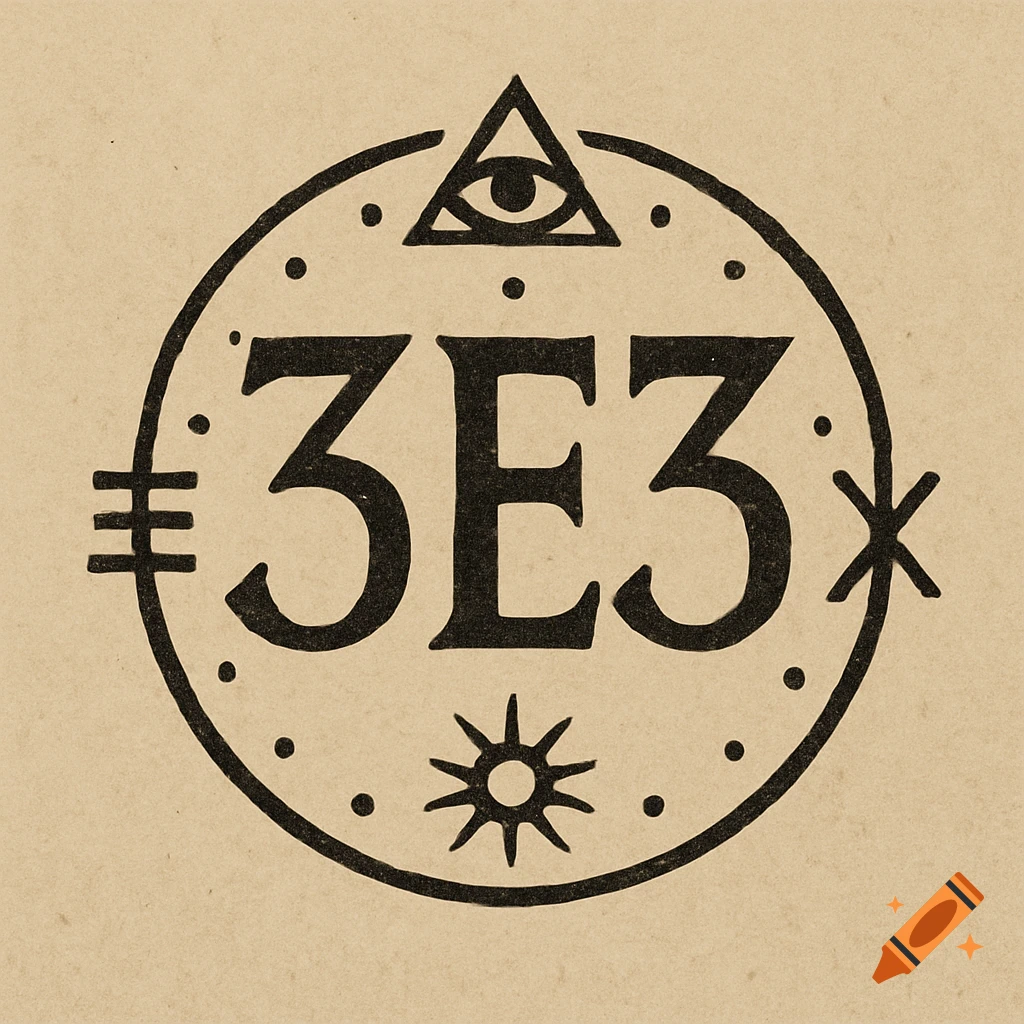 Circular logo with '3E3' in the center, surrounded by ancient symbols including an eye, star, and lines, on a brown paper background.