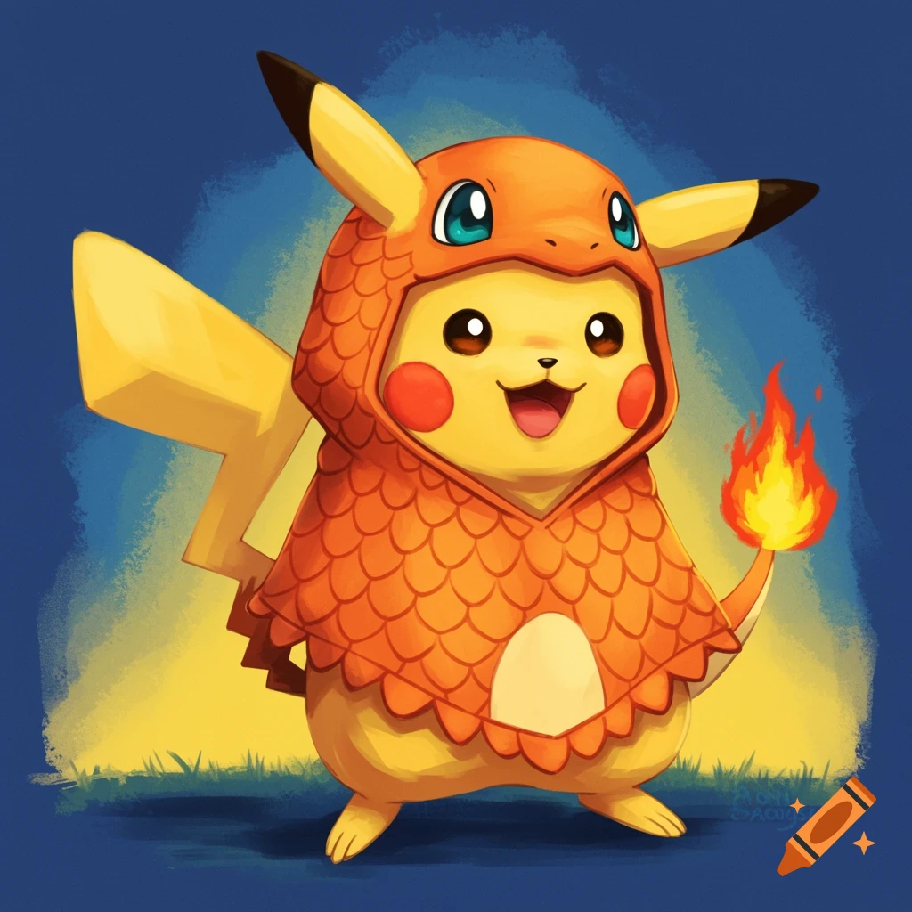 Pikachu wearing a Charmander poncho.