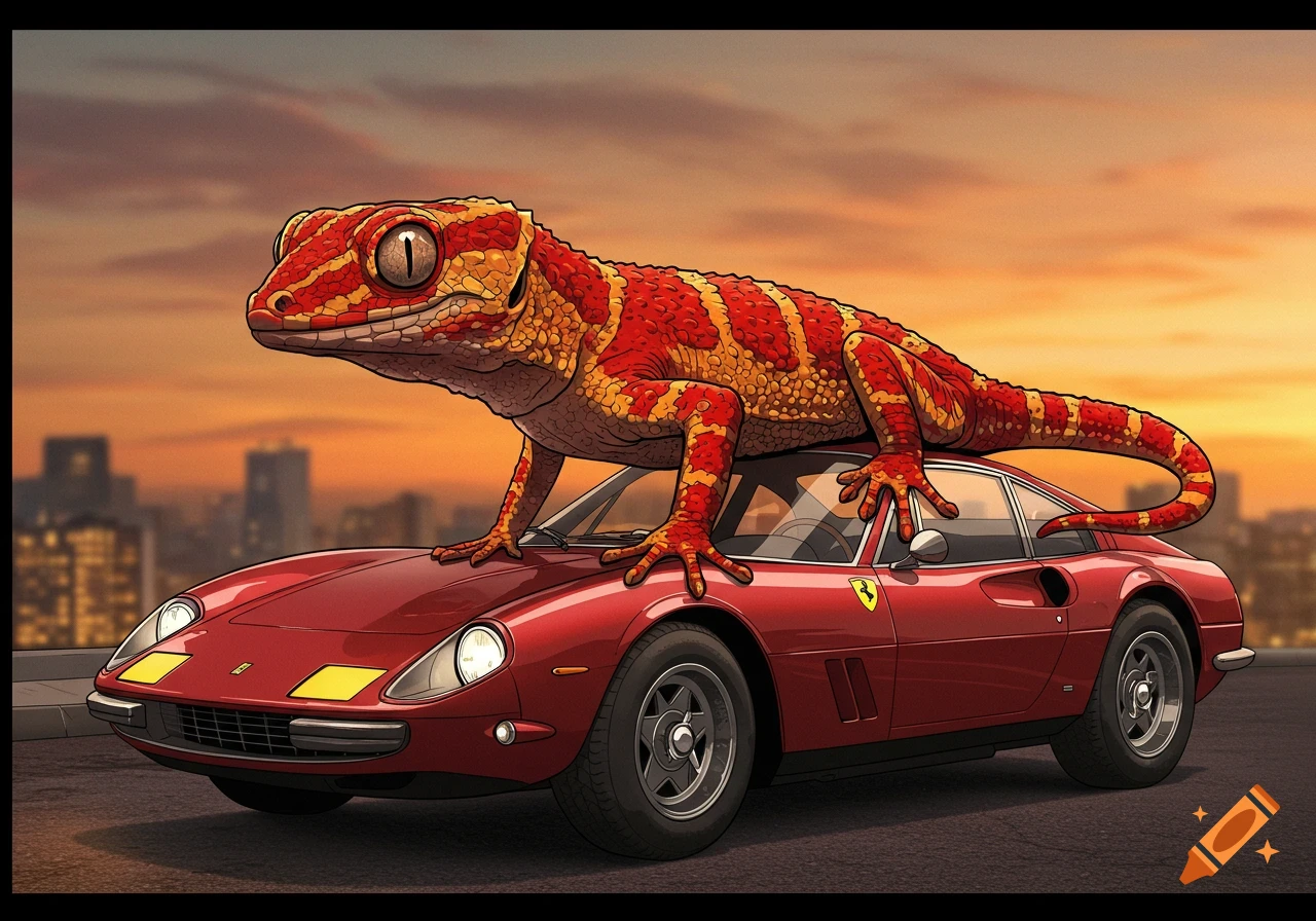 A large red and yellow gecko sits on a red Ferrari car. Digital painting style.