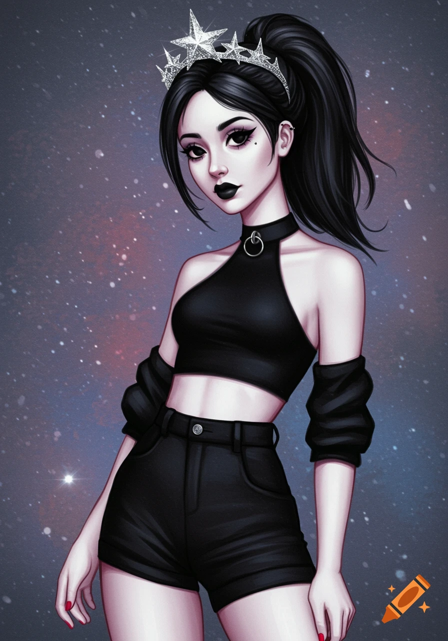 Digital art illustration of a girl with a ponytail, black crop top, shorts, and star crown against a space background.