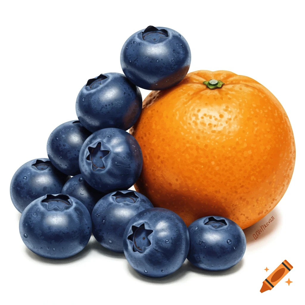 A pile of blueberries next to an orange
