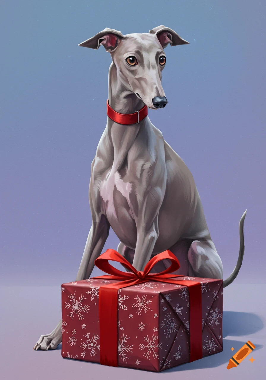A greyhound sits next to a red gift box with a bow.