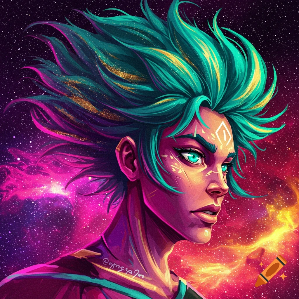 Stylized portrait of a person with spiky teal and gold hair against a purple and orange space background.