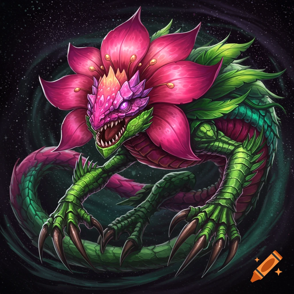 A fantastical flower monster with scales, claws, and fangs against a dark background.