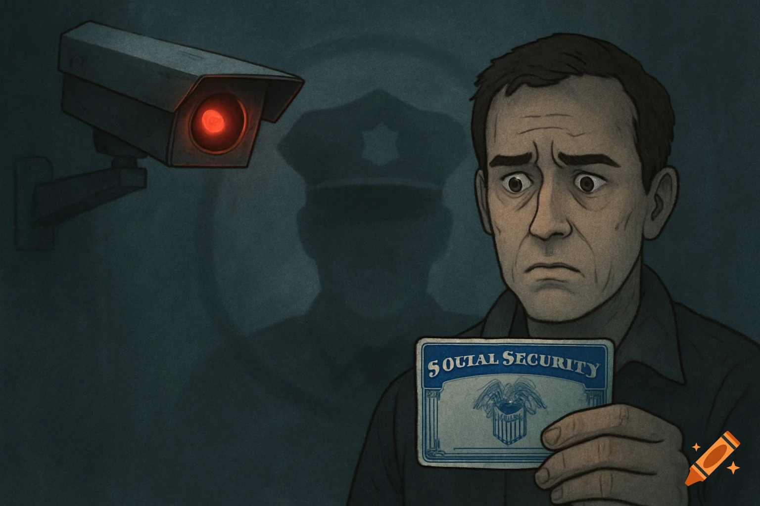 A scared man holds a Social Security card while being watched by a camera and police shadow.