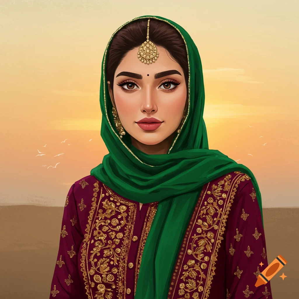 Portrait of a woman in a green hijab and ornate traditional maroon clothing at sunset