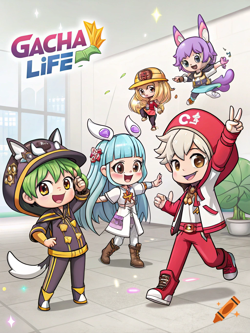 Stylized anime characters from Gacha Life posing indoors, with the game logo.