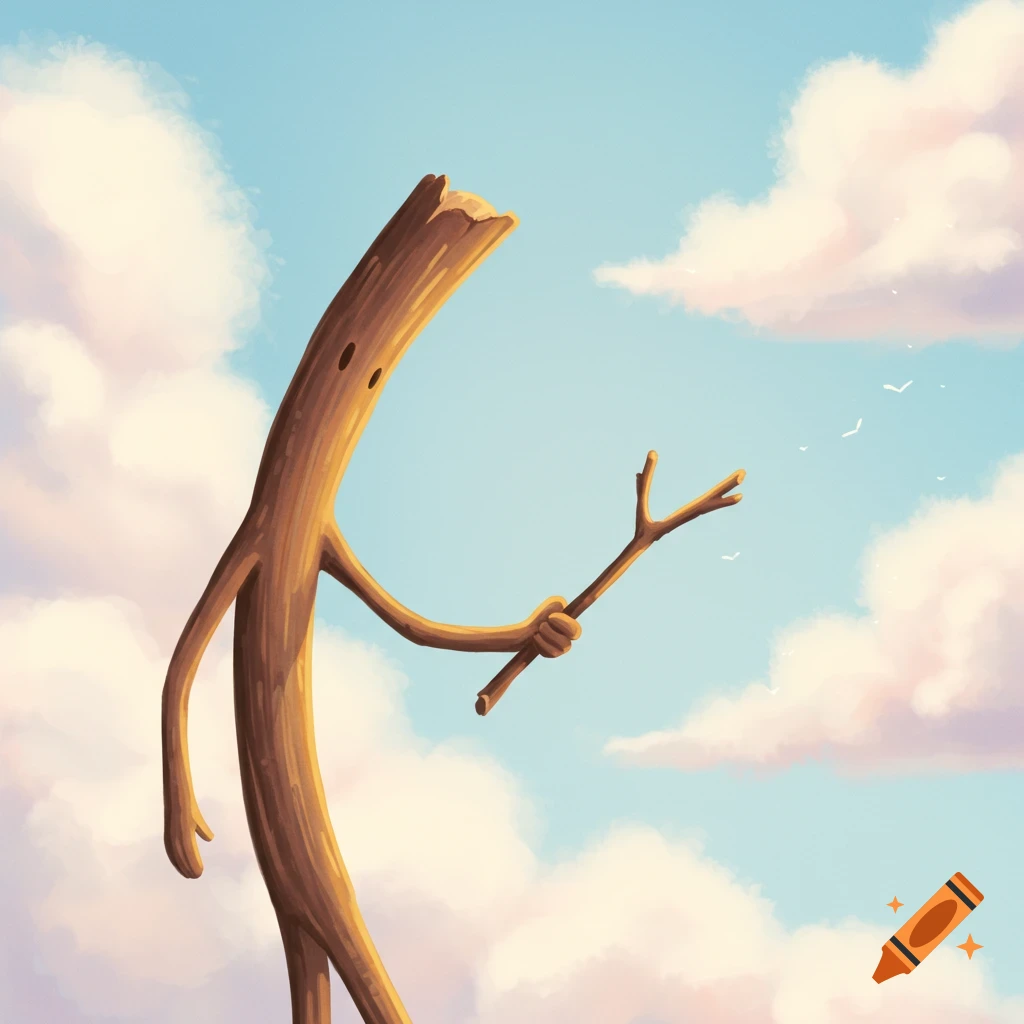 A stylized stick figure character stands against a sky with clouds, holding a smaller stick.
