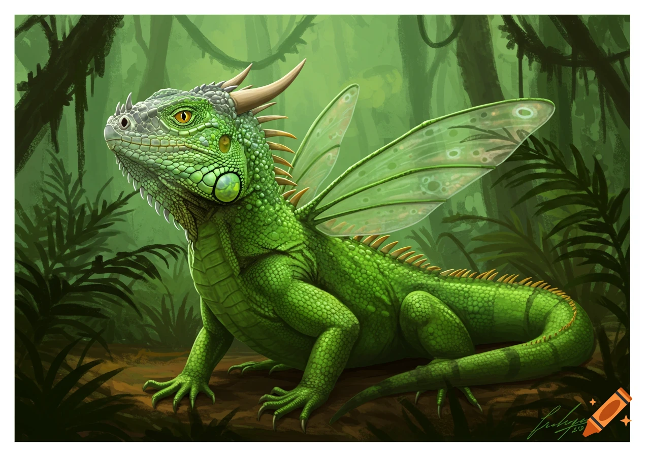 A green iguana with large, translucent wings sits in a jungle setting.