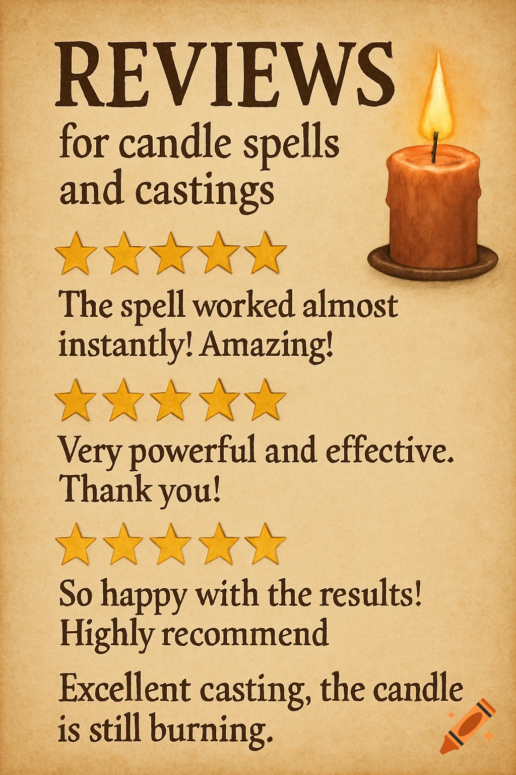 Reviews for candle spells and castings on a parchment with a candle.