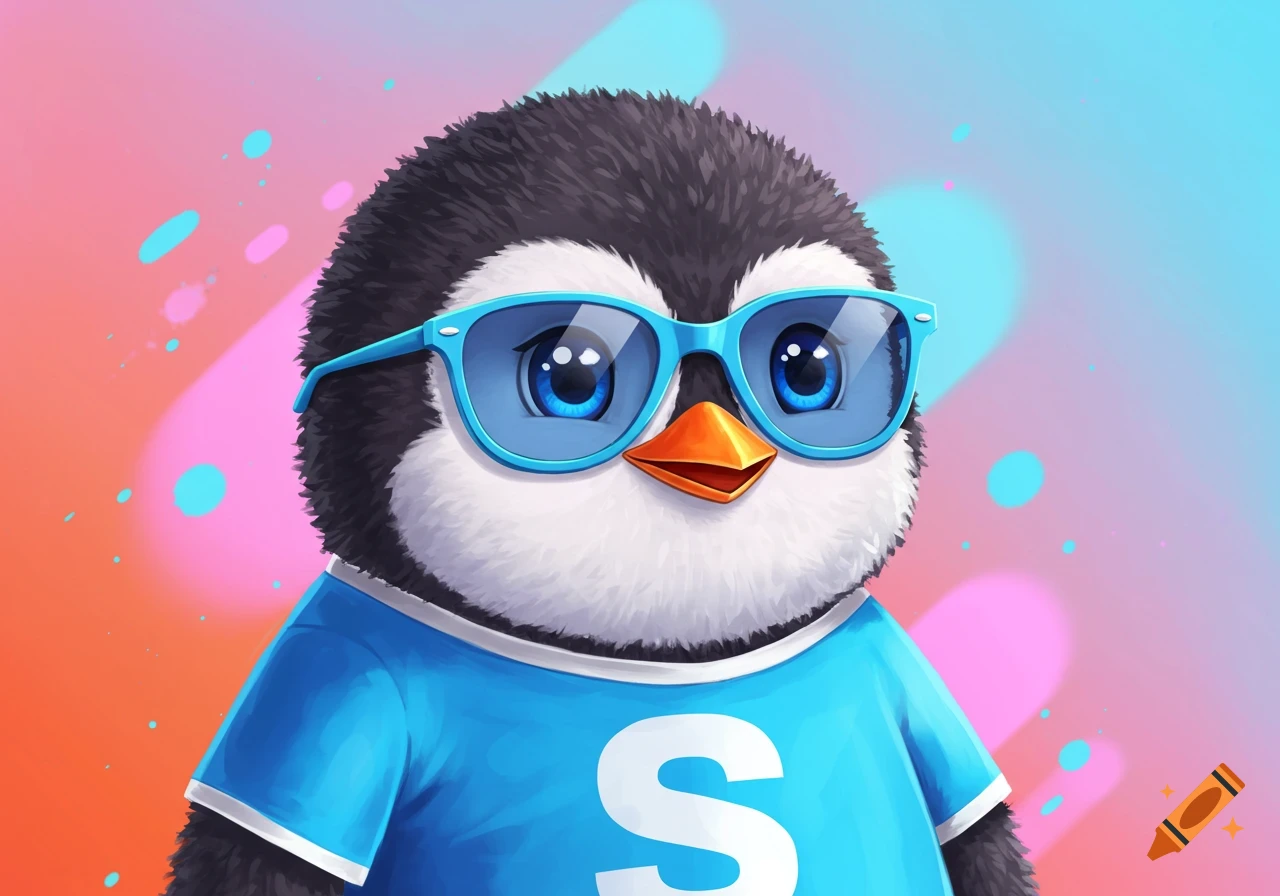 A cute image of a penguin wearing blue sunglasses and a blue shirt with a white S