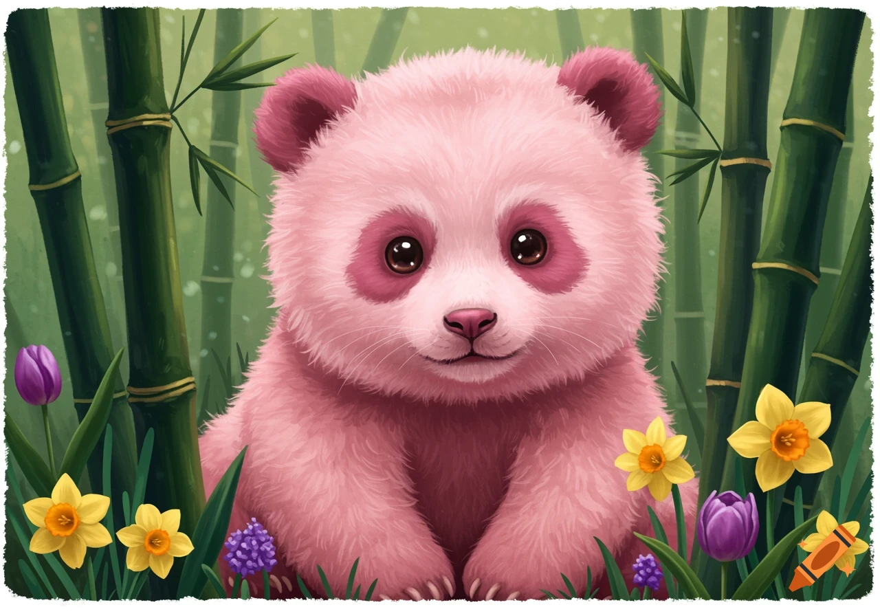 A digital painting of a pink baby panda sitting among bamboo and flowers.