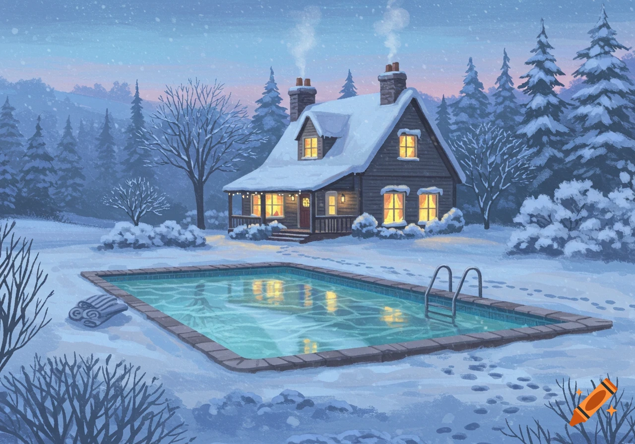 A cozy snow-covered cottage with a steamy outdoor pool in the foreground, surrounded by snow-laden trees.