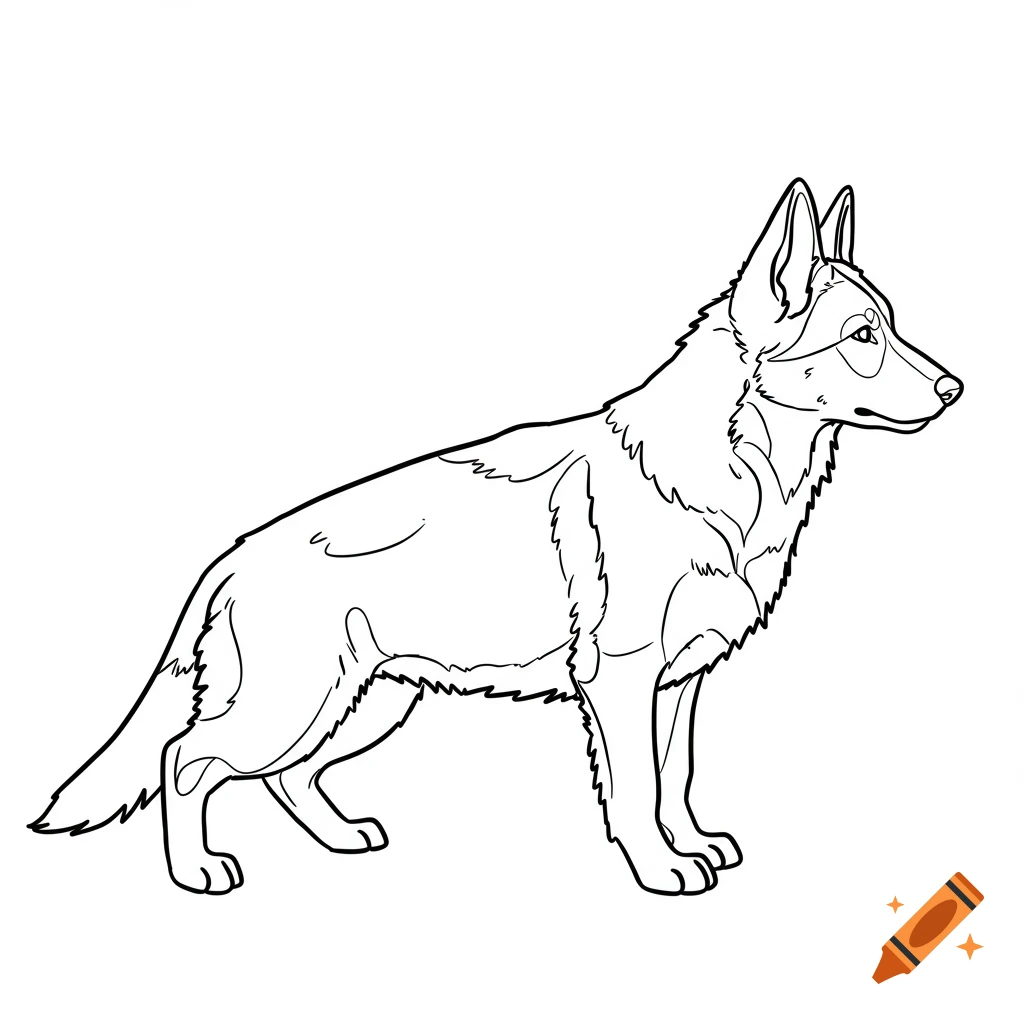 Outline drawing of a German Shepherd puppy standing in profile.
