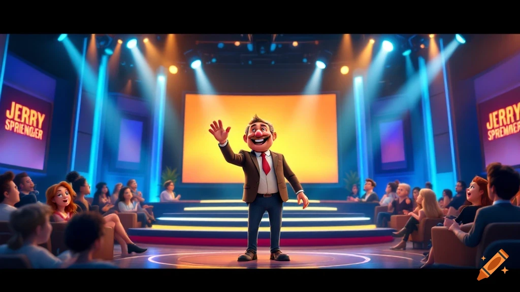 Animated Jerry Springer character waves on stage to an audience with show titles on screens.