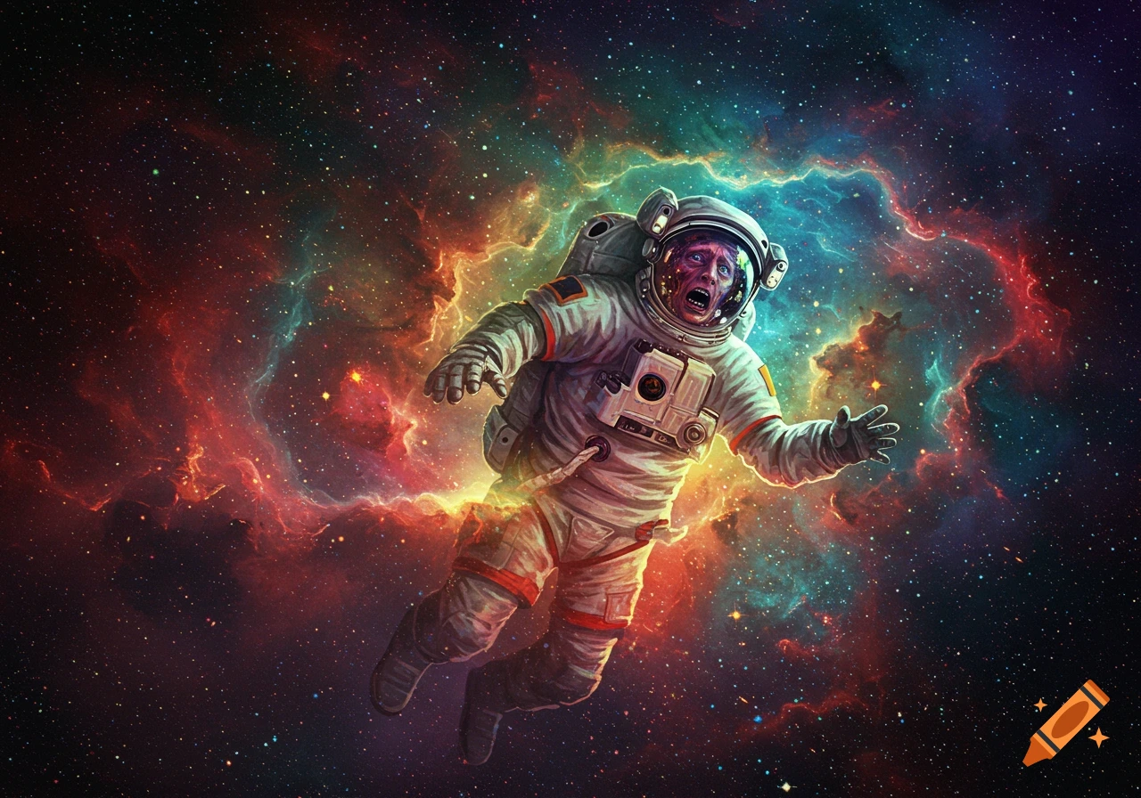 An astronaut with a screaming face floats in a colorful nebula.