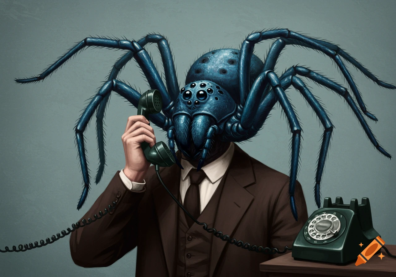 A man in a suit with a spider head talks on a vintage telephone.