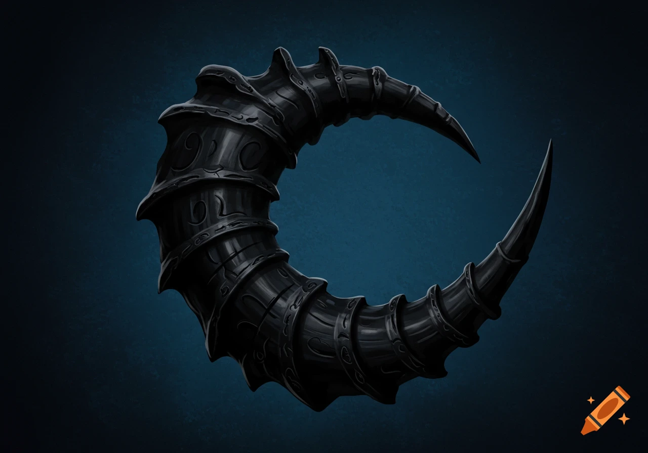 A dark, ornate image of an ominous black horn.
