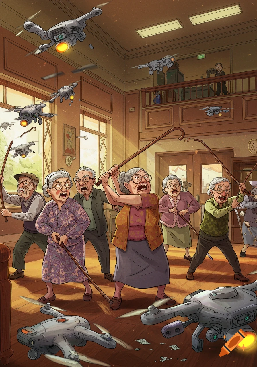 Elderly people swinging canes at drones in a room, digital painting.