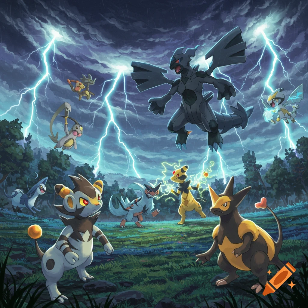 Pokemon characters Rhyhorn, Ampharos, Luxray, and others battle Zekrom amidst lightning in a forest.