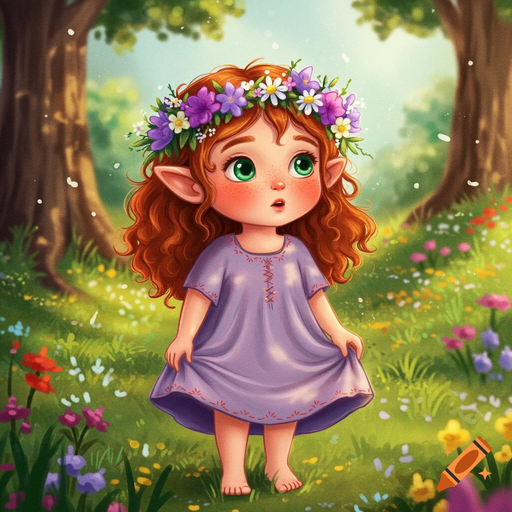 Cute fantasy girl with flower crown and pointy ears in a meadow.