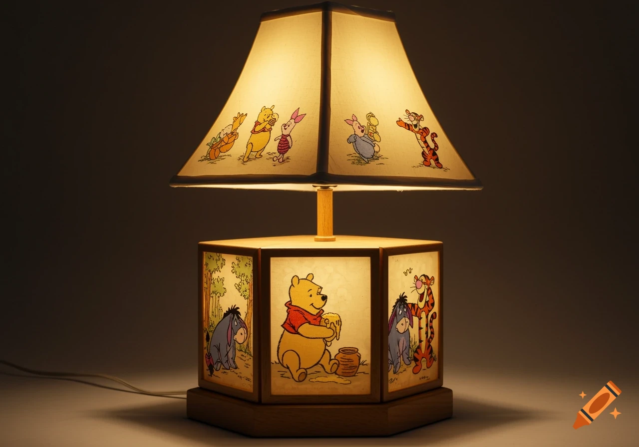 A lamp featuring Winnie the Pooh characters on the shade and base.