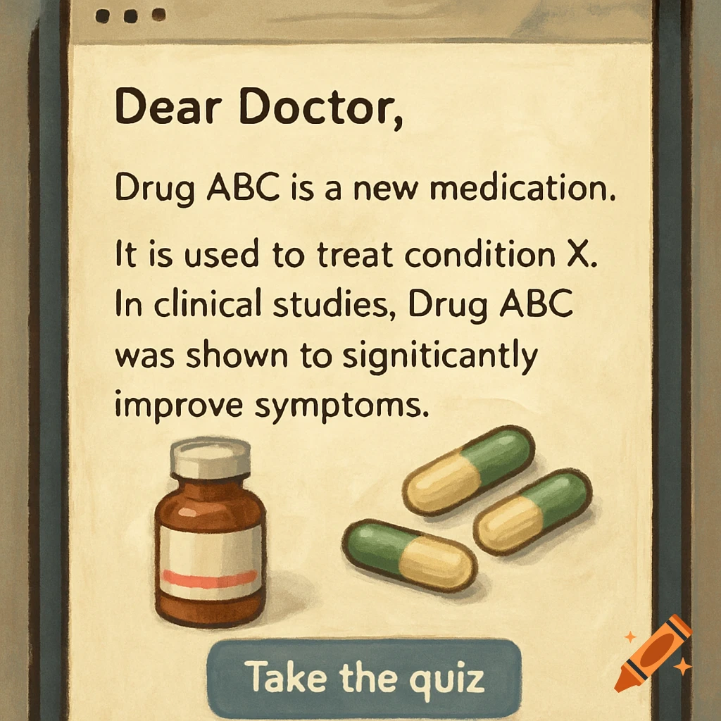 Digital illustration of a screen showing text about a drug, a medicine bottle, and pills.