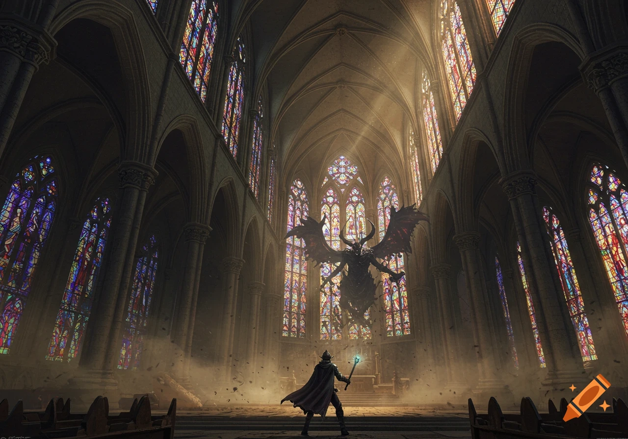 A hero faces a large demon inside a vast cathedral interior, illuminated by stained glass windows.