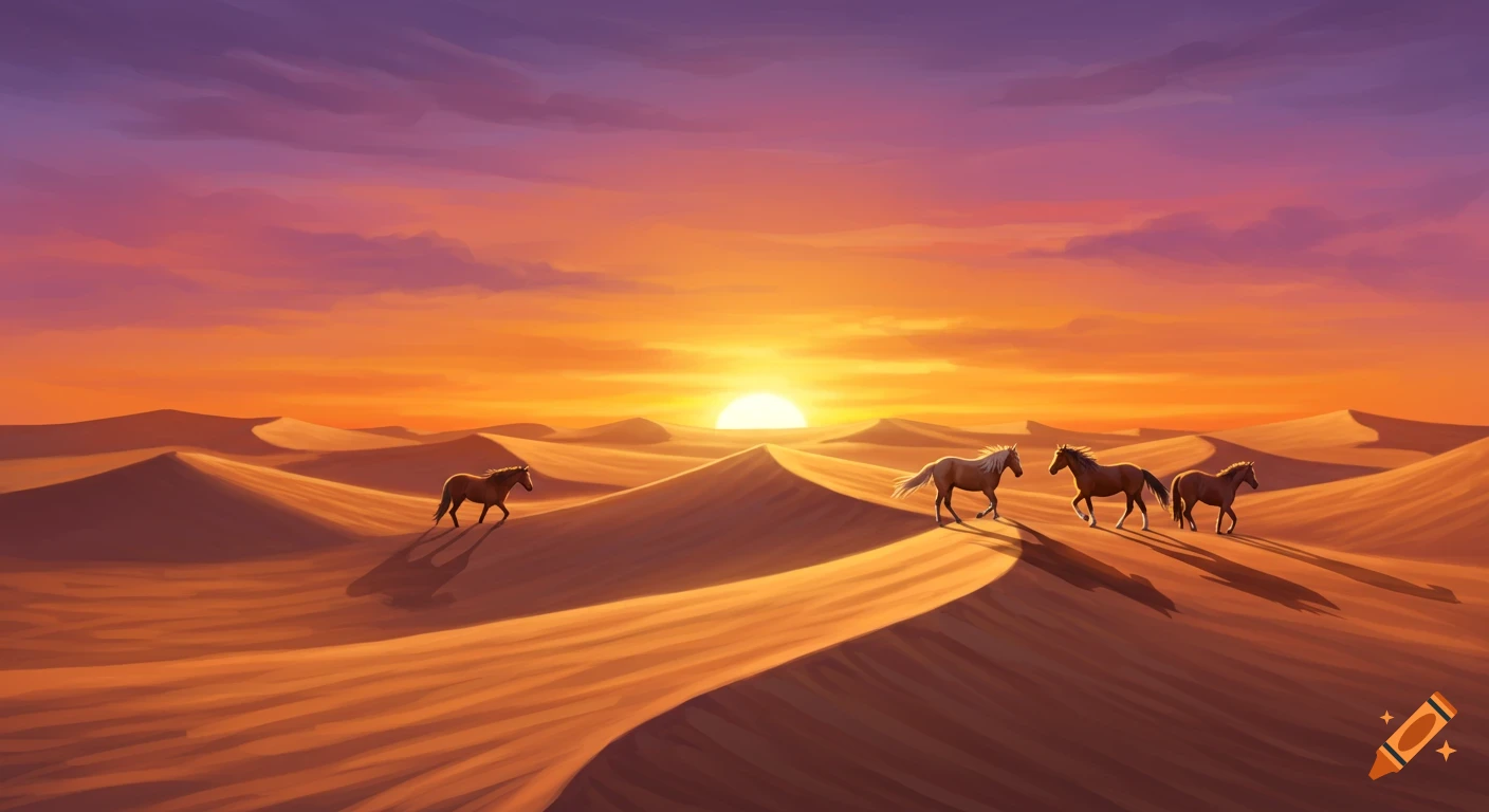 Four horses walk across desert dunes at sunset in an illustrated style.