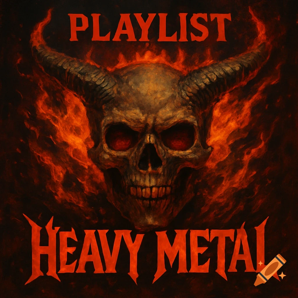 A horned skull with red eyes engulfed in flames, with 'Playlist' and 'Heavy Metal' text.