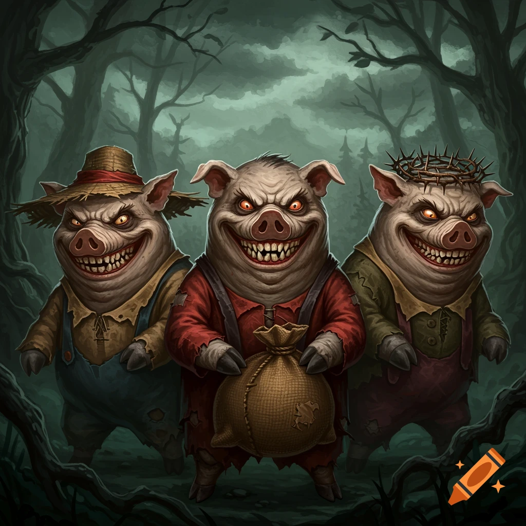 Three monstrous pigs are in a dark forest, one with a straw hat, one with a sack, one with a thorny crown.