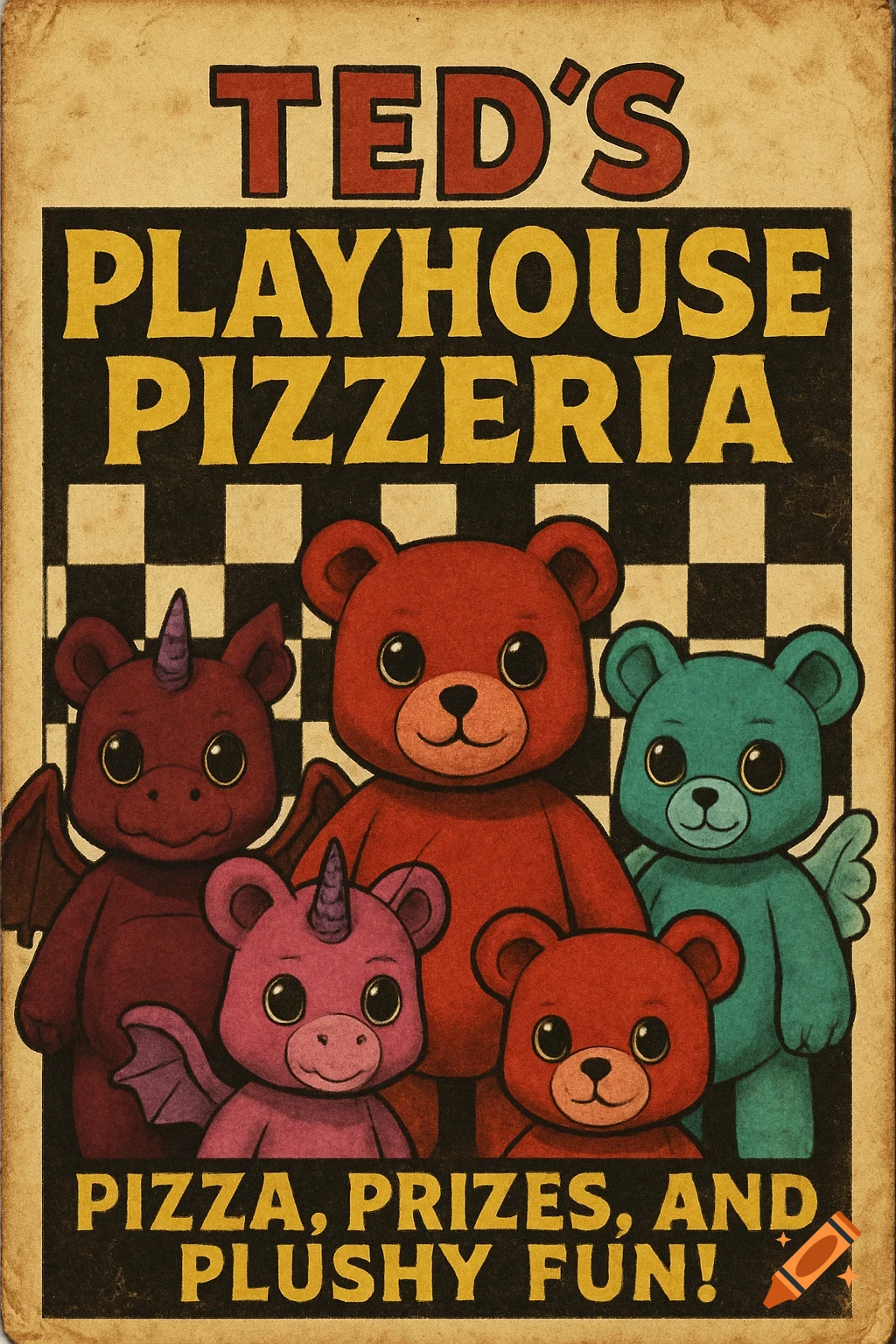 Vintage-style poster for Ted's Playhouse Pizzeria featuring four cute but slightly creepy teddy bear characters.