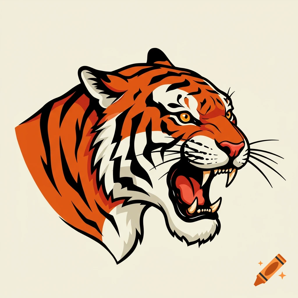 Stylized vector illustration of a roaring tiger head with thick outlines