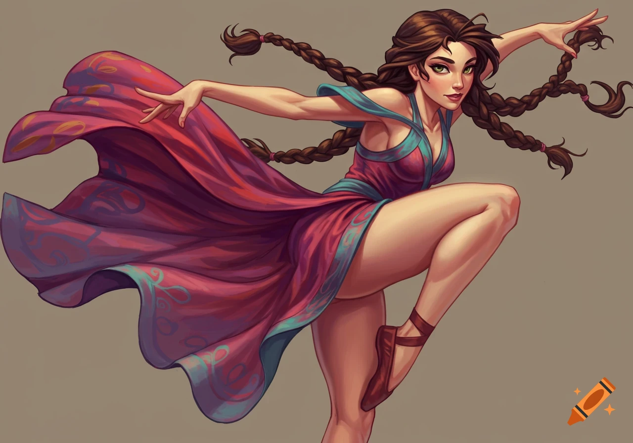A female character with long braids and a flowing dress in a dynamic pose.