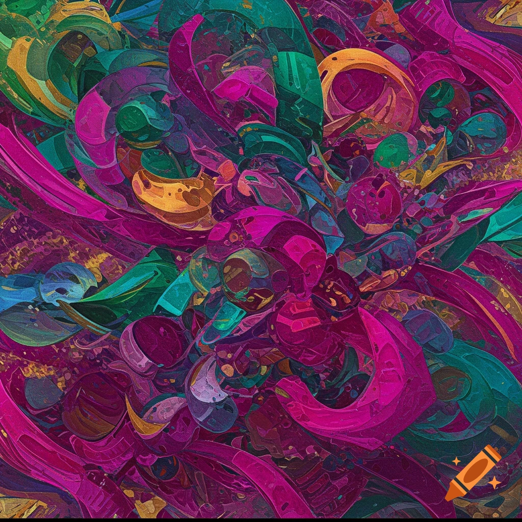 Abstract pattern of swirling shapes in pink, green, and gold