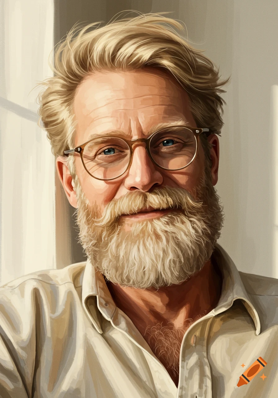A portrait of a middle-aged man with blue eyes, a blonde beard, and glasses.