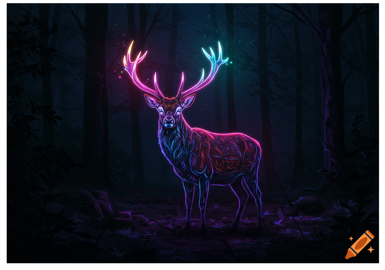 Neon deer standing in a dark forest.