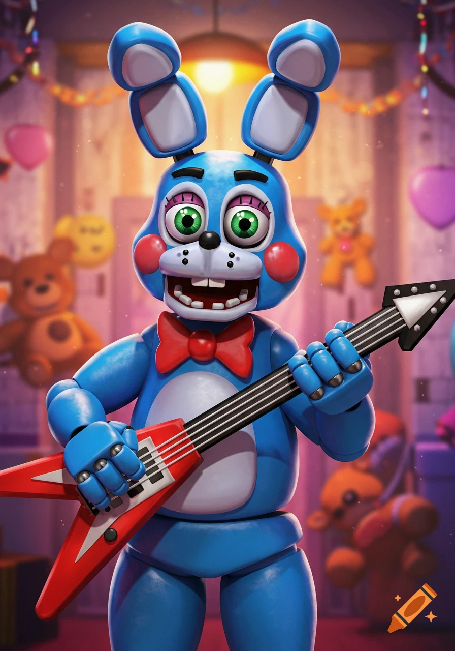 Toy Bonnie the blue animatronic rabbit playing a guitar in a party setting