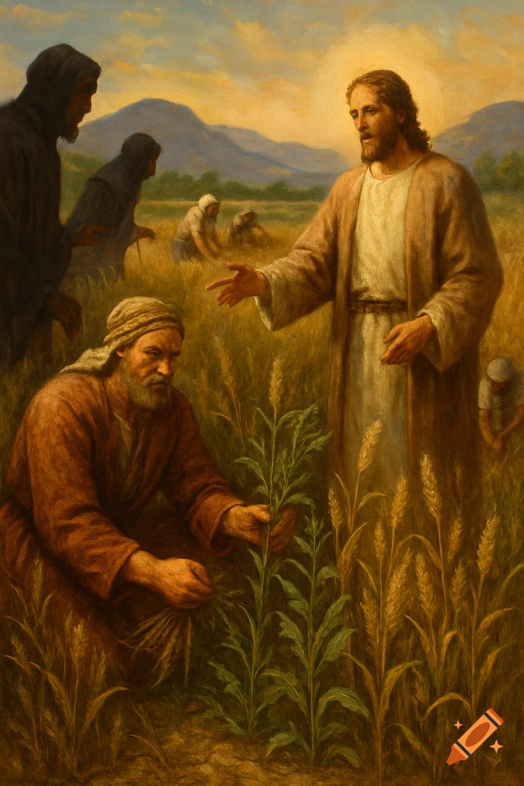 Jesus and disciples in a wheat field.